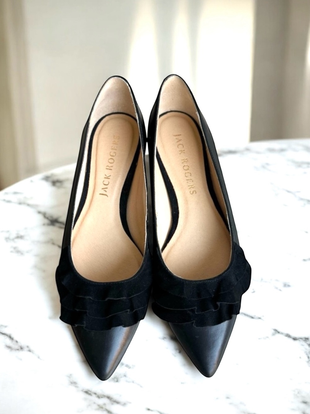 Jack Rogers Rose Ruffle Flats Pointed Toe Black Leather